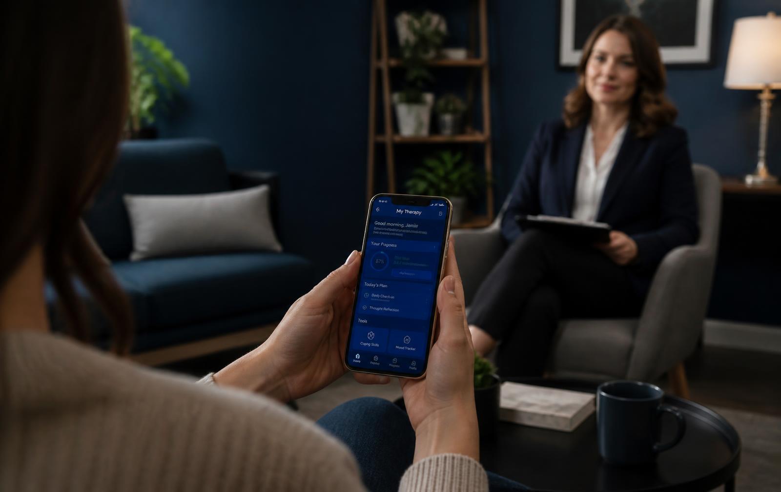 A patient using a prescription digital therapeutic on a smartphone during an outpatient visit